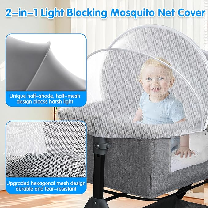 Bassinet Mosquito Net Cover - Half-Blackout Mosquito Net for Baby Crib & Bedside Sleeper, Breathable Crib net with 2-Way Zipper, Sun-Blocking Baby Mosquito Net Cover (Gray-Small)