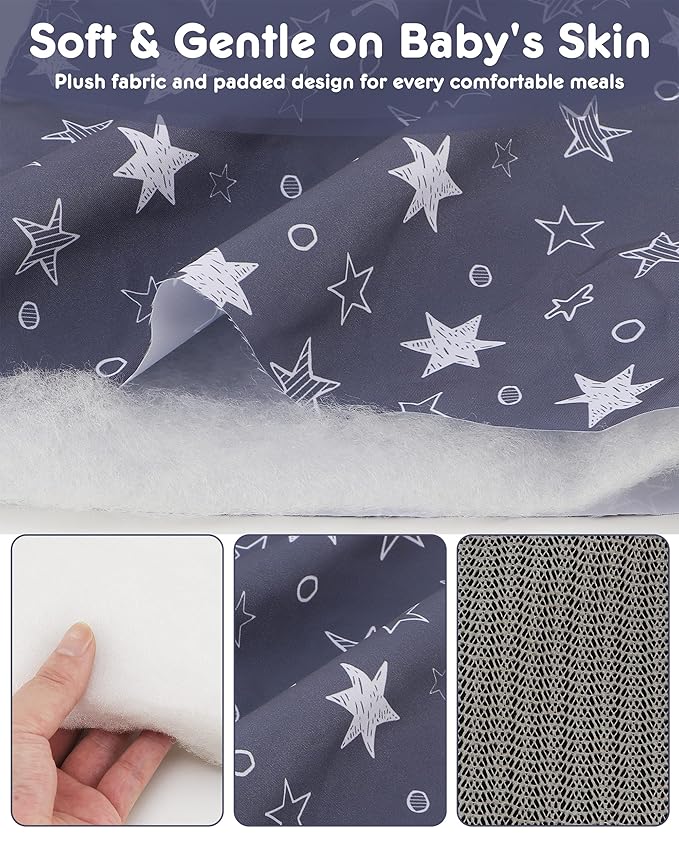 Baby High Chair Cover Restaurant with Strap Pads & 3-Point Harness, Machine Washable, Waterproof Portable Highchair Covers for Eating, Travel, Home Use - Fits Wooden Chairs, Grey Stars