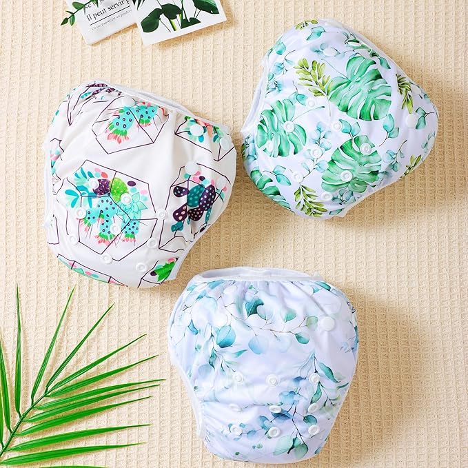 Reusable Swim Diapers for Baby, 3-Pack, Pink Hearts and Animal Prints (3-SW-Leaves)