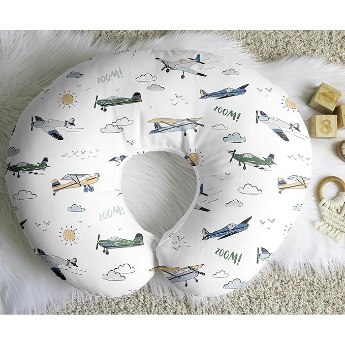 Sweet Jojo Designs Green Vintage Airplane Boy Nursing Pillow Cover, Baby Breastfeeding Slipcover for Infant, Newborn, Nursery, Bottle or Breast Feeding Pillowcase (Pillow NOT Included) Transportation