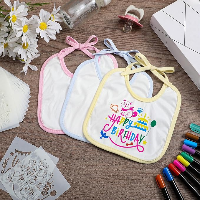 Jutom 38 Pcs DIY Baby Bibs Decorating Kit 14 Bibs 14 Stencils 10 Fabric Markers 2 Ply Feeder Design Bib for Shower Games