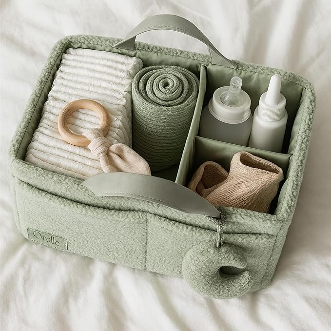 Orelle Bouclé Diaper Caddy Organizer with Matching Pouch & Moon Pendant | Teddy Portable Changing Table Organizer | Sage Green Diaper Caddy | Must-Have Baby Shower Gifts | Sage Green