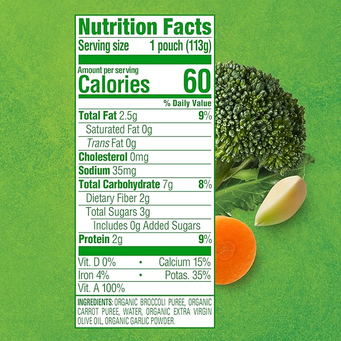 Happy Baby Organics Savory Blends Stage 2 Baby Food, Broccoli & Carrots with Olive Oil + Garlic, 4 Ounce Pouch (Pack of 16)
