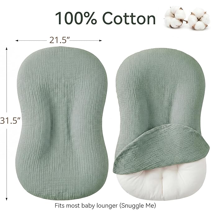 Muslin Baby Lounger Cover 1 Pack, Cotton Soft Breathable Infant Nest Slipcover, Envelope Closure, Compatible with Snuggle Me Loungers, Machine Washable, Cover Only, for Boys Girls(Green)