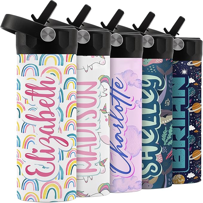 Personalized Water Bottle for Kids - 14 oz - 14 Design Options, Custom Water Bottle for Children - End of School Year Gifts, Back to School Gifts - BPA FREE, Double-Wall Insulation - Rainbow