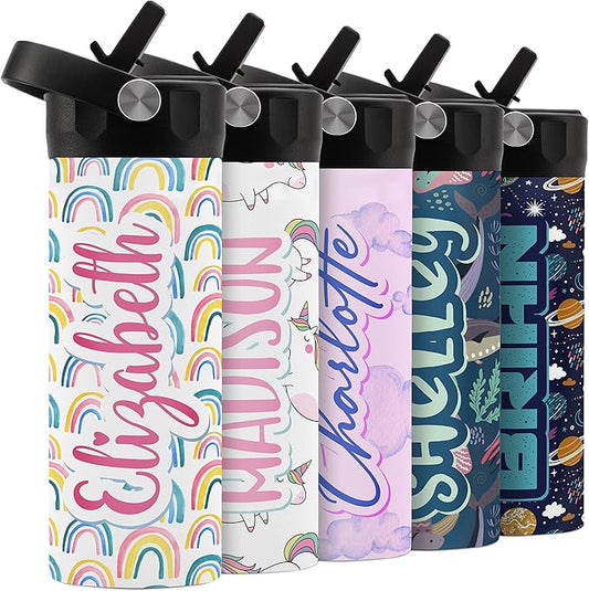 Personalized Water Bottle for Kids - 14 oz - 14 Design Options, Custom Water Bottle for Children - End of School Year Gifts, Back to School Gifts - BPA FREE, Double-Wall Insulation - Rainbow