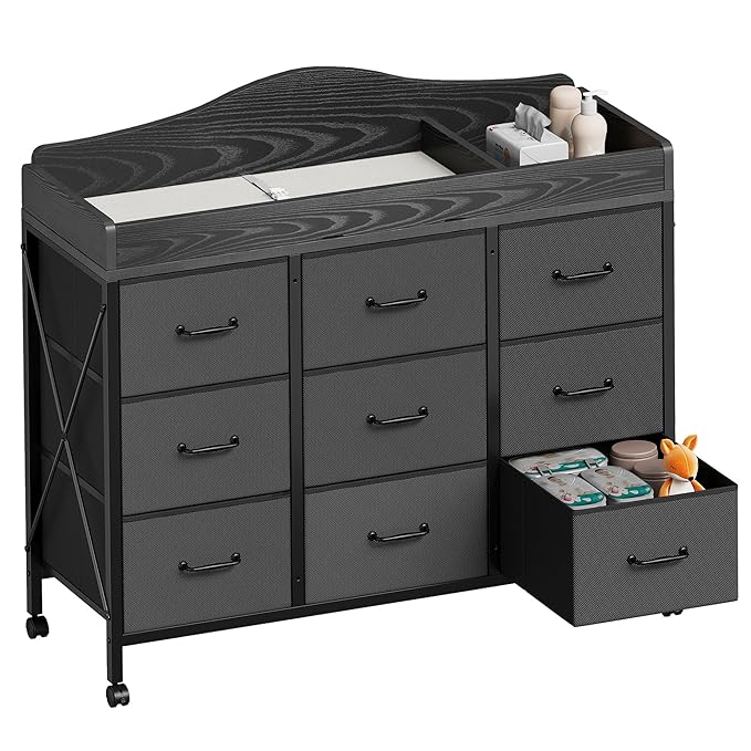 YeTom Baby Changing Table with 9 Fabric Boxes, Waterproof Diaper Changing Station & Pad, Mobile Nursery Diaper Changing Table, Baby Furniture, Black