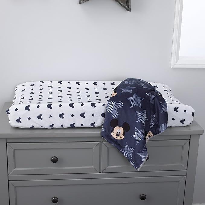 Disney Mickey Mouse Hello World Star/Icon Super Soft Changing Pad Cover, Navy, White