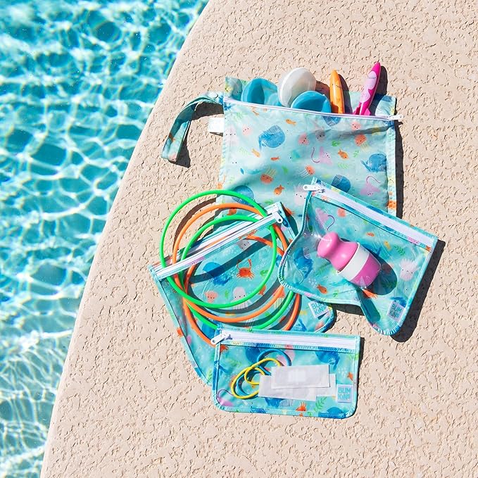 Bumkins - Waterproof Wet Bag & Clear Travel Bags - For Beach, Baby, Travel, Swim Suit, Cloth Diapers, Pump Parts, Pool, Gym, Toiletries - Reusable & Easy to Clean - Ocean Life Blue - 4 Pack