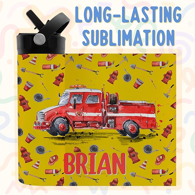 Personalized Kids Water Bottle with Straw Lid - 14 oz - 11 Wraparound Designs, Custom Water Bottle for Children, Back to School Gifts - BPA FREE, Double-Wall Insulated, Birthday Gifts - Fireman