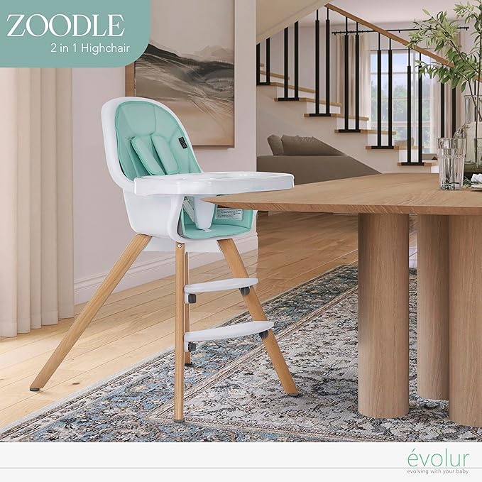 évolur Zoodle 3-in-1 High Chair in Mint | Convertible Wooden Baby Feeding Chair with Dishwasher Safe Removable Tray, Adjustable Footrest, Padded Cushion, 5-Point Harness for Infants & Toddlers
