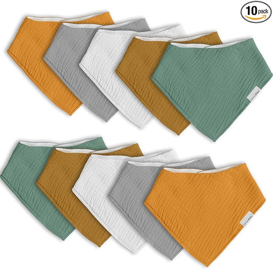Muslin Baby Bibs for Boys Girls,10 Pack Super Absorbent Baby Bandana Drool Bibs Set for Teething and Drooling,100% Cotton Soft for Infant,Newborn