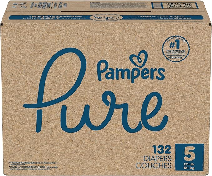 Pampers Pure Baby Diapers, Size 5 (27+ lbs), 132, Up to 100% Leakproof, Premium Hypoallergenic Soft Diapers
