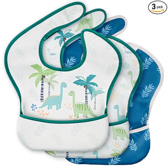 3-Pack Waterproof Baby Bibs for Eating - Mess Proof Lightweight Toddler Feeding Bibs with Large Food Catcher, Food-Grade Baby Eating Essentials, Easy to Put On & Clean(Blue Dinosaur)