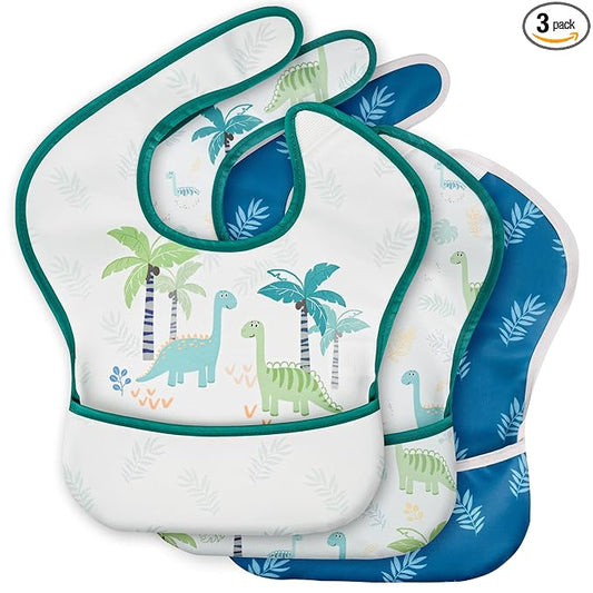 3-Pack Waterproof Baby Bibs for Eating - Mess Proof Lightweight Toddler Feeding Bibs with Large Food Catcher, Food-Grade Baby Eating Essentials, Easy to Put On & Clean(Blue Dinosaur)