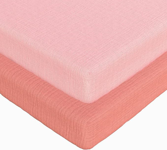 Baby Bassinet Sheets Girls – 100% Cotton Muslin Bassinet Sheets, 2 pc Bassinet Mattress Sheets, 32"x16"x 4", Oeko-TEX Certified, Bedside Bassinet Sheet (Pink)