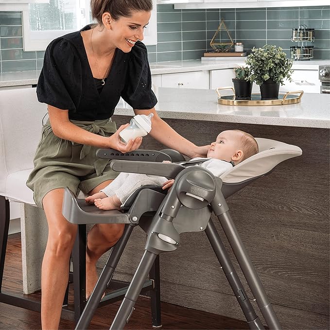 Chicco Polly Space-Saving Foldable High Chair with Easy-Clean Seat Pad, High Chair for Babies and Toddlers with Multi-Position Recline and Height Adjustment, for Children up to 40 lbs., Taupe/Beige