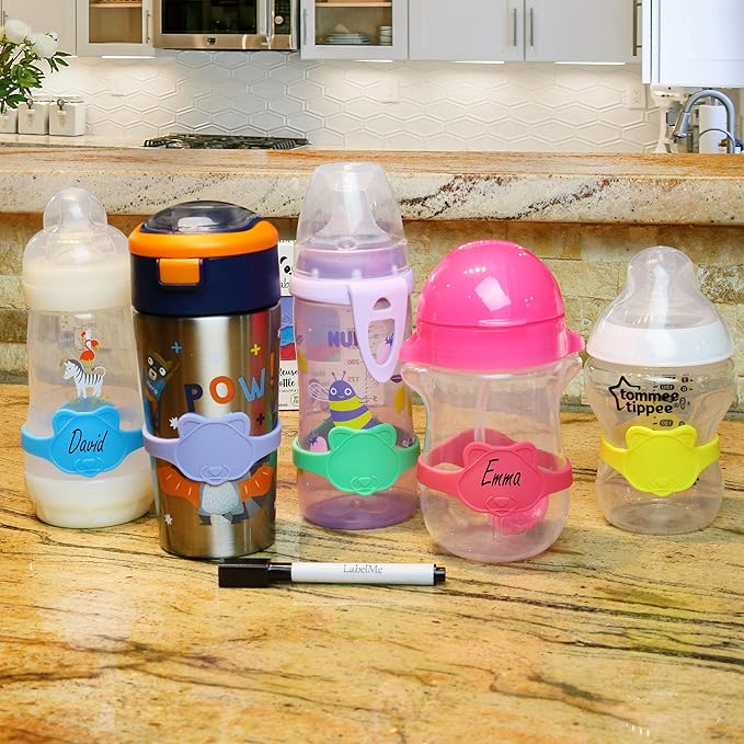 Silicone Baby Bottle Labels for Daycare, Home, and Travel Organization, Fits Small Water Tumblers, Sippy Cups, Snack Containers, and Food Jars, Cute Animal Shapes, Includes Waterproof Marker