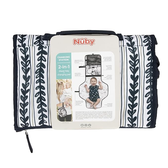 Nuby Portable Baby Changing Pad Station, Quick Wipe Clean Changing Mat with Built-in Pillow, Stripes Print