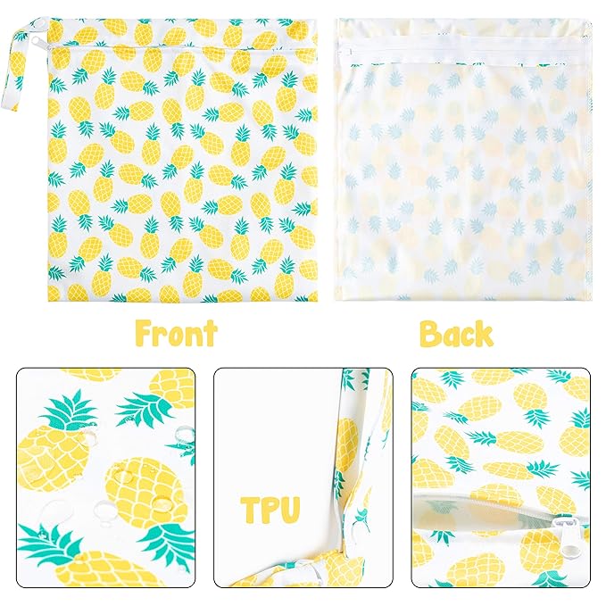 R HORSE 5Pcs Waterproof Reusable Diaper Baby Cloth Wet Dry Bags with 2 Zippered Pockets Summer Travel Beach Pool Bag with Pineapple Flamingo Cactus Pattern(3 Sizes)
