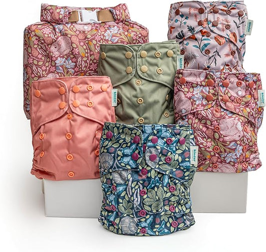 Kinder Cloth Diapers Reusable Baby Diapers Pocket Style Athletic Wicking Jersey, Wet Bag, Newborn to Potty Training 7-60lbs, One Size, Inserts NOT Included (Garden Party, 5 Pack, Without Inserts)