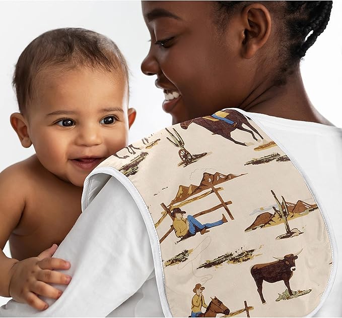 Sweet Jojo Designs Western Cowboy Baby Boy Absorbent Burp Cloths for Infant Newborn - Red Blue Tan Chocolate Brown and White Wild West Southern Country Horse - 3 Pack Set of Dribble Drool Cloths