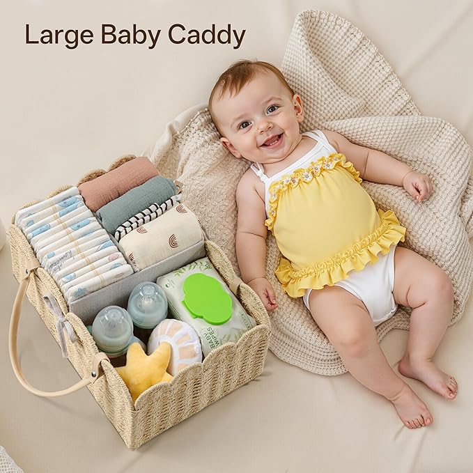 Angelhood Scalloped Paper Rope Diaper Caddy, Woven Floral Baby Diaper Organizer with Dividers for Changing Table, Nursery & Car Portable Baby Gift Basket