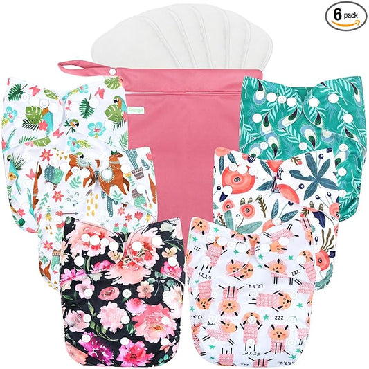 wegreeco Cloth Diapers 6 Pack with 6 Inserts & 1 Wet Bag, Washable Cloth Diapers for Babies, One Size Adjustable Reusable (Flower)