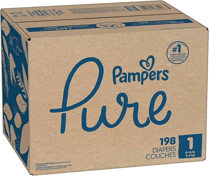 Pampers Pure Baby Diapers, Size 1 (8-14 lbs), 198, Up to 100% Leakproof, Premium Hypoallergenic Soft Diapers