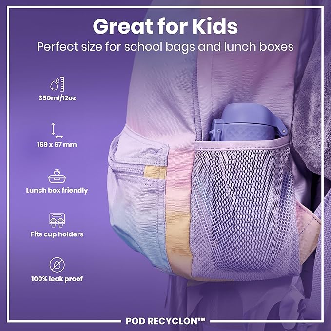Ion8 Small Water Bottle, 350 ml/12 oz, Leak Proof, Easy to Open, Secure Lock, Dishwasher Safe, BPA Free, Carry Handle, Hygienic Flip Cover, Easy Clean, Odor Free, Carbon Neutral, Light Purple