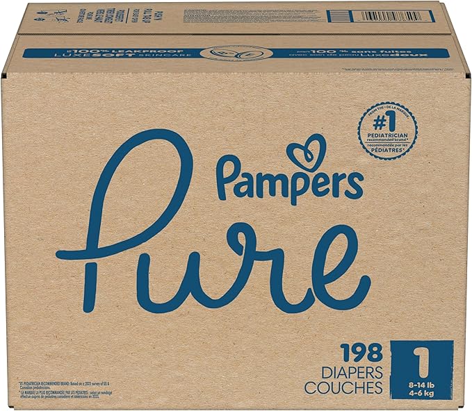 Pampers Pure Baby Diapers, Size 1 (8-14 lbs), 198, Up to 100% Leakproof, Premium Hypoallergenic Soft Diapers