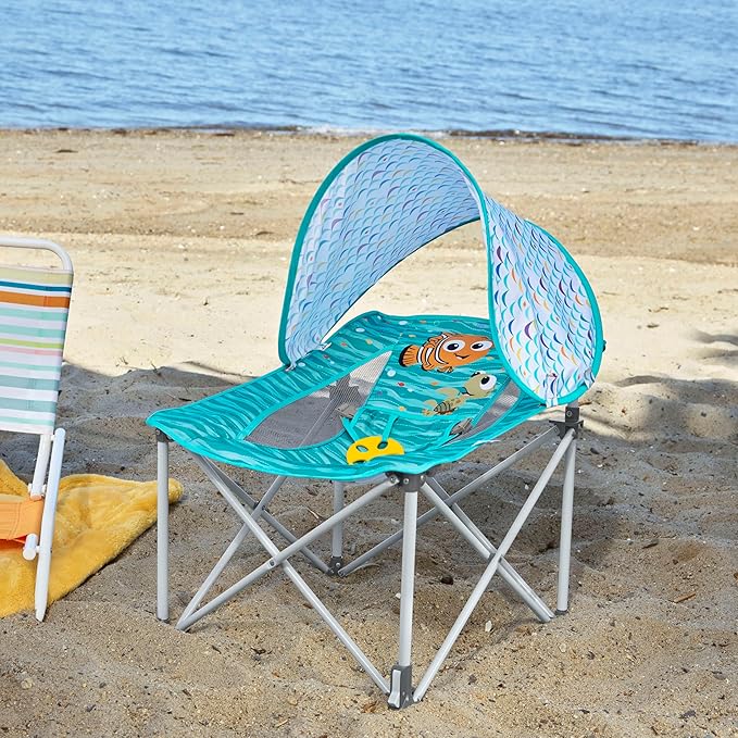 Bright Starts Disney Finding Nemo Pop 'N Chill Baby Chair Travel Seat, Indoor/Outdoor Use, Infant Seat with UPF 50+ Canopy, Blue, Ages 0-6 Months