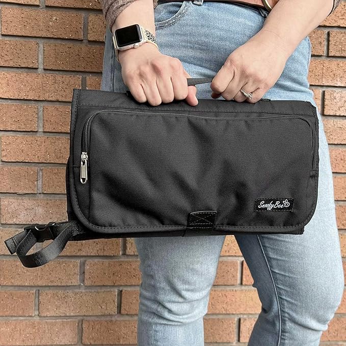 SnoofyBee - Portable Playtime Changing Pad: 3-in-1 Diaper Clutch, Changing Station, and Clean Hands Toy Barrier. Water-Resistant and Stylish, with Dual Storage Pockets. Black-2024-Improved-Version