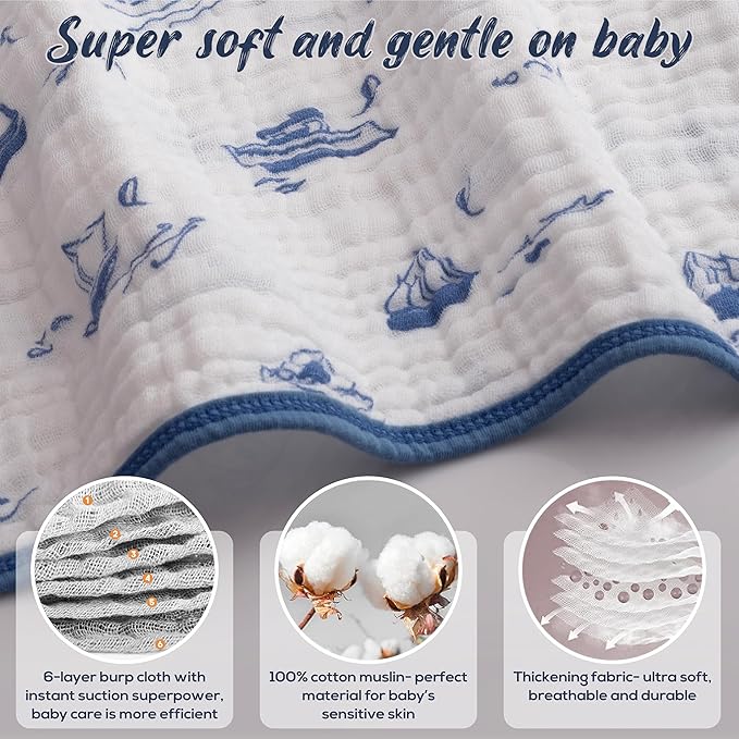 Muslin Burp Cloths, 20"x10"- Pack of 8, 6 Layers Super Soft Absorbent & Breathable 100% Cotton for Baby Drool and Messes, Burp Cloth Baby Boy and Burp Cloths Baby Girl