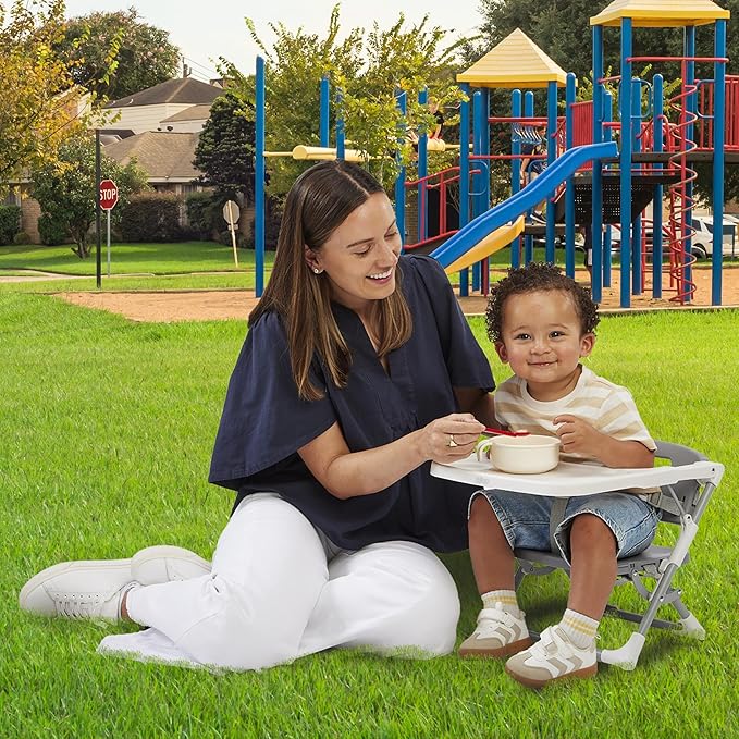 PrimoBaby SproutSeat Booster Seat for Kitchen Chair - Portable Folding Design, Travel Baby Beach Essentials, with 3-Point Safety Harness, Adjustable Tray, Dishwasher Safe Tray, Baby Floor Seat