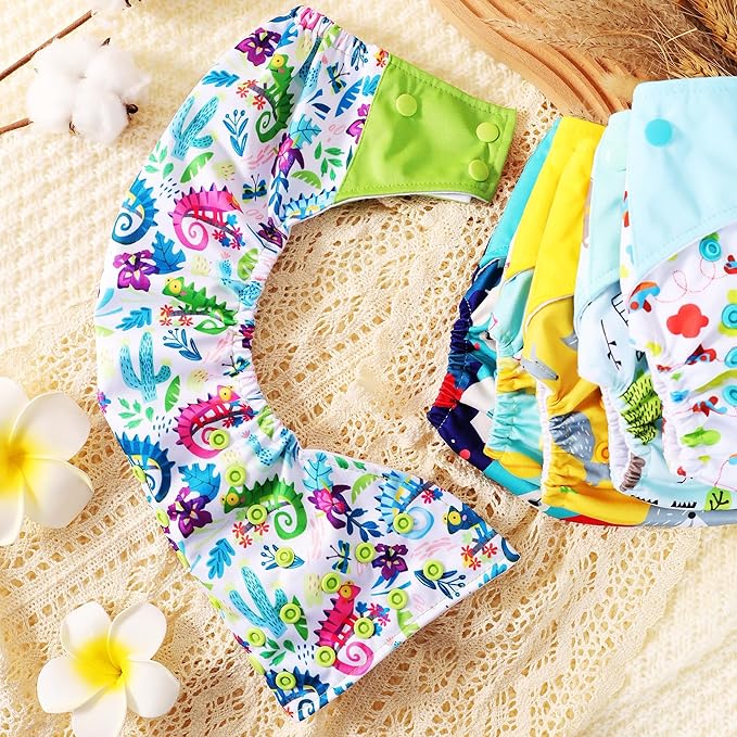 Cloth Diapers 6 Pack with 6 Inserts & 1 Wet Bag - Waterproof Cover, Washable, Reusable & One Size Adjustable Pocket Diapers for Newborns and Toddlers (Bear Set)