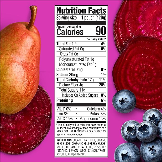 HAPPYTOT Organics Stage 4 Baby Food Pouches, Gluten Free, Vegan Snack, SuperFoods Fruit & Veggie Puree, Pears, Blueberries, Beets & Chia, 4.22 Ounce (Pack of 16)