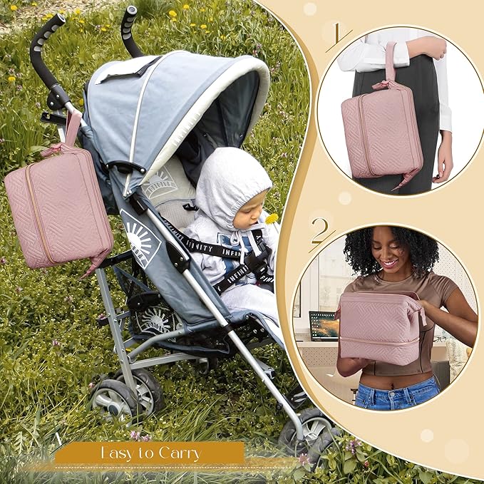 Fasrom Wearable Breast Pump Bag Compatible with Momcozy, Medela and Elvie Pumps, Double Layer Pump Carrying Case with Waterproof Mat and Insulated Pockets for Working Moms, Pink (Bag Only)