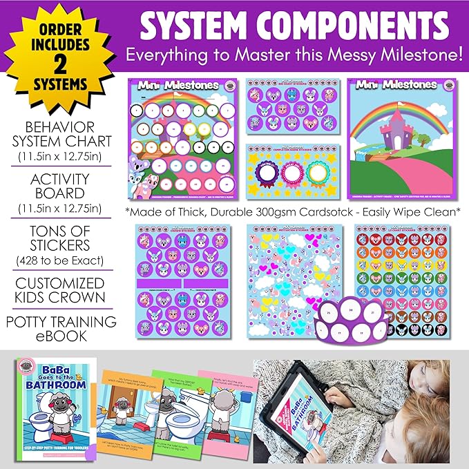 17PC Toddler Unicorns Potty Training Chart Behavior Chart for Toddlers, Potty Chart, Toddler Reward Stickers, Reward Chart for Kids, Crown & Activity Board by LIL ADVENTS Mini Milestones + eBook