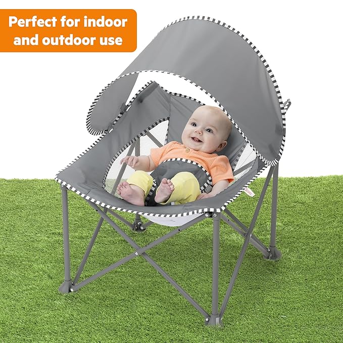 Bright Starts Pop 'N Chill Baby Chair Travel Seat, Indoor/Outdoor Use, Infant Seat with UPF 50+ Canopy, Grey, Ages 0-6 Months