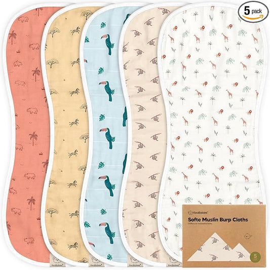 5-Pack Muslin Burp Cloths Baby Boy, Girl - Very Absorbent Baby Burp Cloth Rags, 8-Layers Viscose Derived from Bamboo Cotton Muslin Towel, Super Soft Spit Up Rags, No Shrink Washcloths (Wildscape)