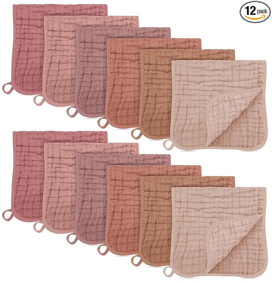 SWEET DOLPHIN 12 Pack Muslin Burp Cloths Large 100% Cotton Burping Clothes for Baby Drool - Absorbent and Soft Boys & Girls Milk Spit Up Rags for Newborn Essentials Registry - Muted Terracotta