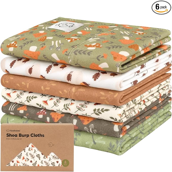 Organic Burp Cloths Baby Boy, Girl - 6-Pack Large 100% Cotton Burping Cloths for Babies, Spit Up Rags, Super Absorbent, Ultra Soft Newborn Rag, Gender Neutral, Machine Washable, Durable (Fall Spores)