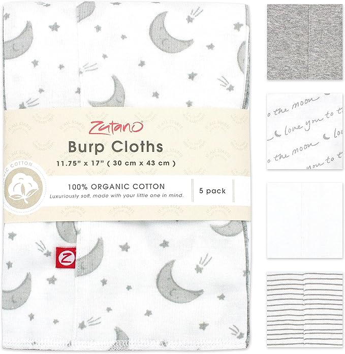 Zutto 5-Pack Organic Burp Cloths for Baby Girl & Boy, Large Cotton Burping Cloths for Babies | Absorbent Baby Spit-Up Rags | Gender Neutral Burp Clothes | Newborn Essentials, Love You to The Moon