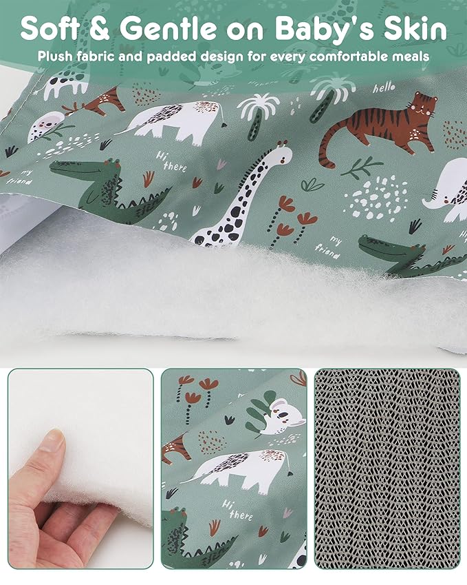 Baby High Chair Cover Restaurant with Strap Pads & 3-Point Harness, Machine Washable, Waterproof Portable Highchair Covers for Eating, Travel, Home Use - Fits Wooden Chairs, Green Dinosaurs