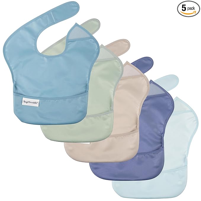 Tiny Twinkle Mess-Proof Baby Bibs for Eating | Waterproof, Wipeable Toddler Bibs with Catch-All Pocket | Feeding Bibs for Girls & Boys(5 Pack, Boy Spring)