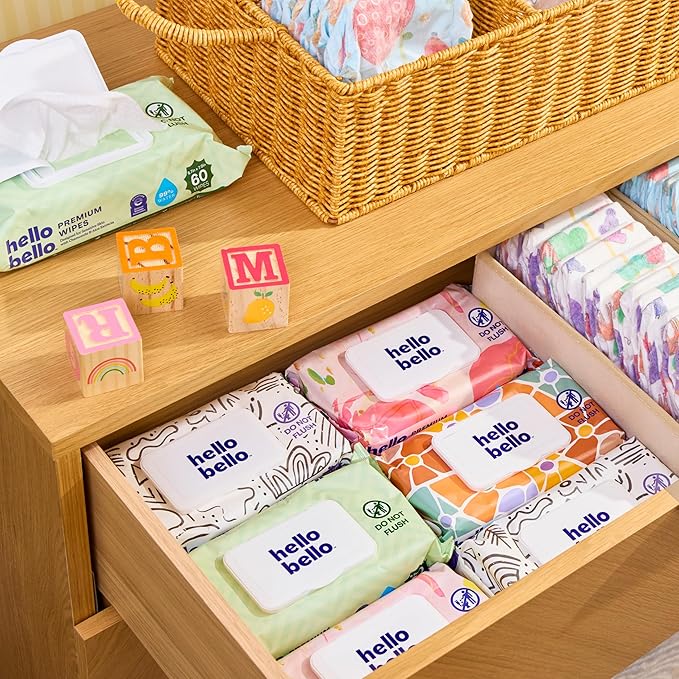 Hello Bello Premium Wipes, Designed for Sensitive Skin with Chamomile & Aloe Extracts, Simply Sage (18 Resealable Packets = 1080 Total Wipes)
