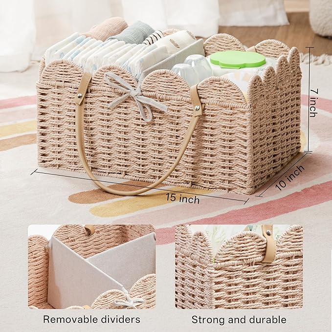 Angelhood Scalloped Paper Rope Diaper Caddy, Woven Floral Baby Diaper Organizer with Dividers for Changing Table, Nursery & Car Portable Baby Gift Basket