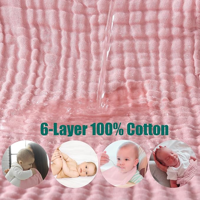Muslin Burp Cloths 5 Pack Large 20x12 inches Baby Burping Cloths, 6-Layer 100% Cotton for Newborn Boys Girls, Ultra Soft & Absorbent (White & Pink)