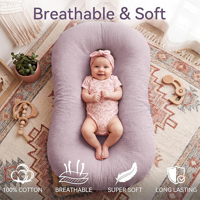 Muslin Baby Lounger Cover 1 Pack, Cotton Soft Breathable Infant Nest Slipcover, Envelope Closure, Compatible with Snuggle Me Loungers, Machine Washable, Cover Only, for Girls Boys (Purple)